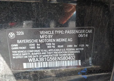 2014 BMW 320I from USA, damaged, VIN WBA3B1G56ENS80402
